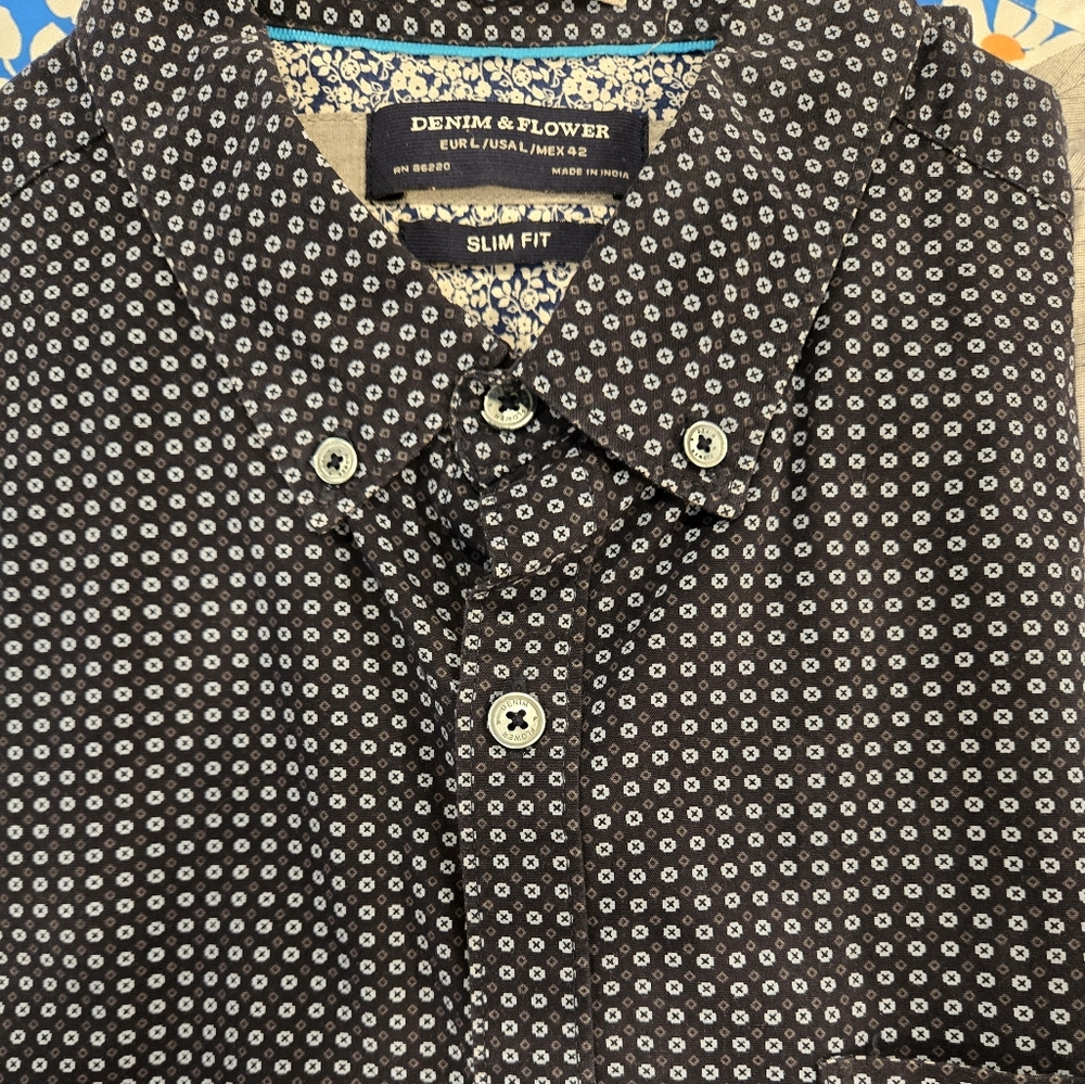 Large slim fit blue Denim & Flower short sleeve button up